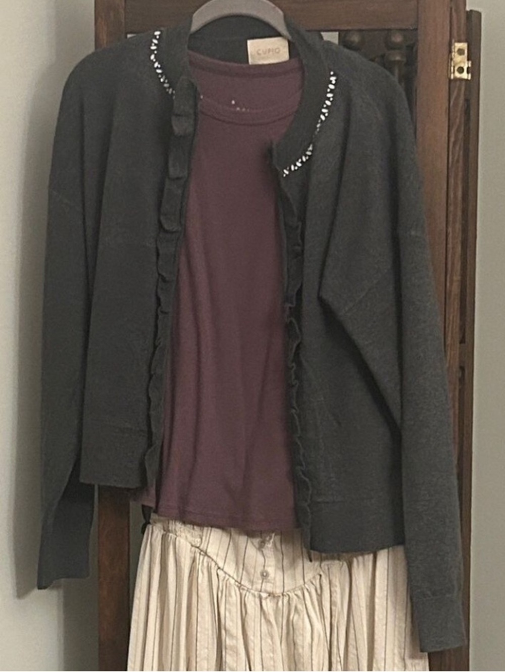 Gray Sweater with Embellished Collar Ruffle Open Front Top Closure Cupio Size L